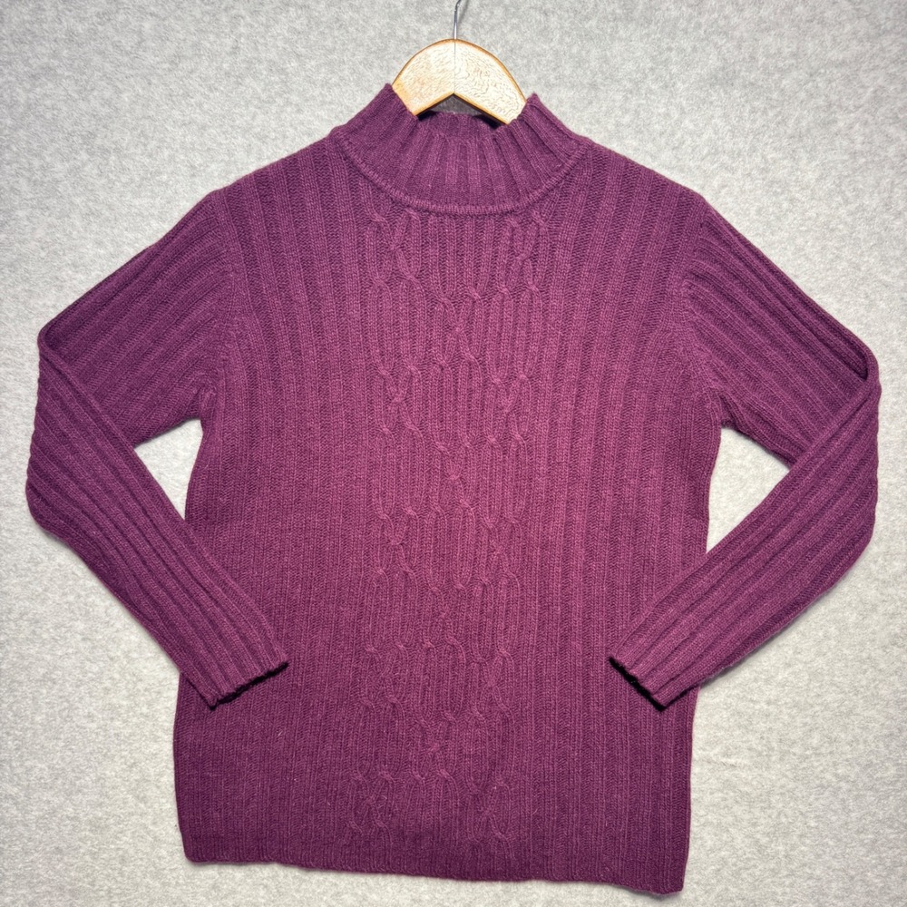 Petite Sophisticate Plum Purple Lambswool Angora Cable Knit‎ Mock Neck Sweater P